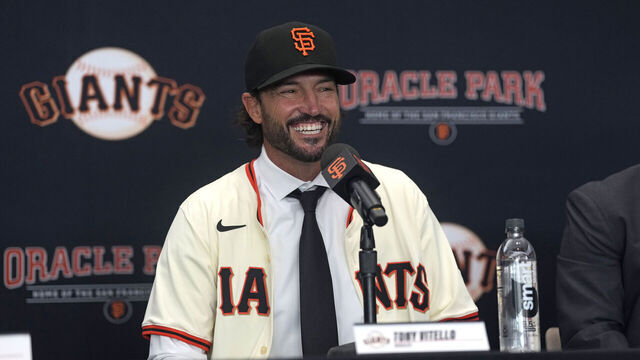 SAN FRANCISCO, CALIFORNIA - OCTOBER 30: Tony Vitello #23 of the San Francisco Giants speaks during a press conference introducing him as the new manager at Oracle Park on October 30, 2025 in San Francisco, California.