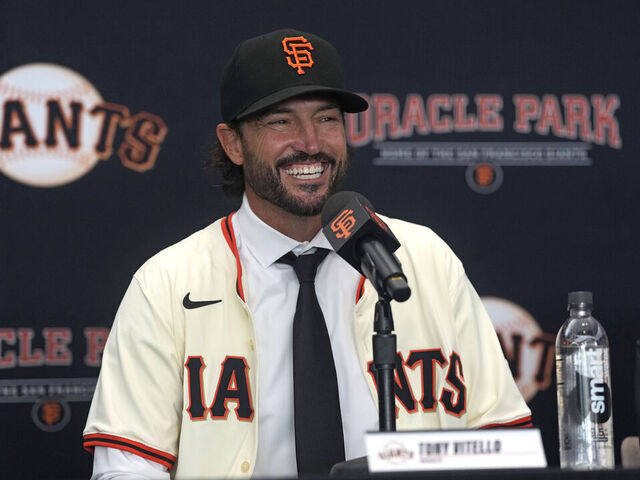SAN FRANCISCO, CALIFORNIA - OCTOBER 30: Tony Vitello #23 of the San Francisco Giants speaks during a press conference introducing him as the new manager at Oracle Park on October 30, 2025 in San Francisco, California.
