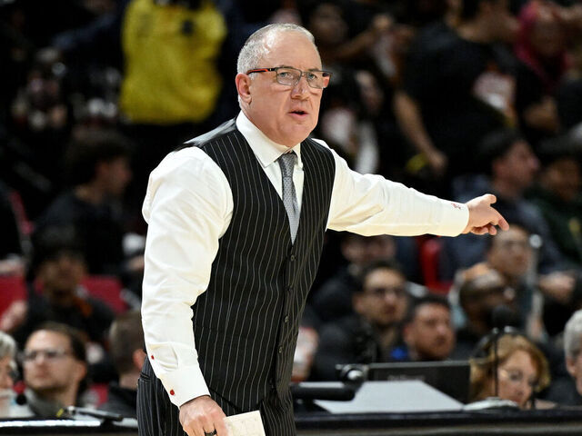 COLLEGE PARK, MARYLAND - FEBRUARY 05: Head coach Buzz Williams of the Maryland Terrapins looks on during the game against the Ohio State Buckeyes at Xfinity Center on February 05, 2026 in College Park, Maryland.