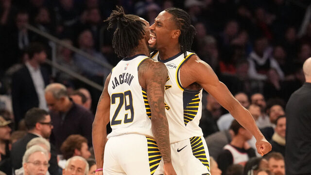 NEW YORK, NY - FEBRUARY 10: Quenton Jackson #29 and Aaron Nesmith #23 of the Indiana Pacers celebrate during the game against the New York Knicks on February 10, 2026 at Madison Square Garden in New York City, New York. Mandatory Copyright Notice: Copyright 2026 NBAE
