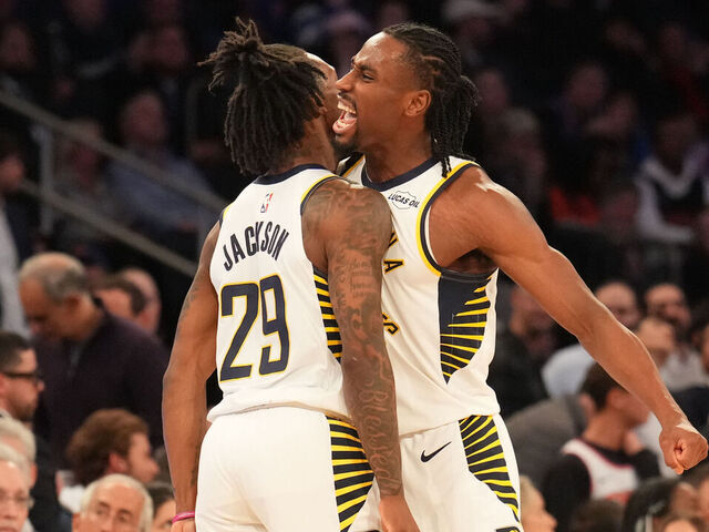 NEW YORK, NY - FEBRUARY 10: Quenton Jackson #29 and Aaron Nesmith #23 of the Indiana Pacers celebrate during the game against the New York Knicks on February 10, 2026 at Madison Square Garden in New York City, New York. Mandatory Copyright Notice: Copyright 2026 NBAE