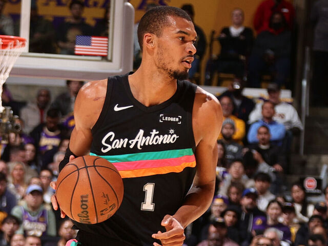 LOS ANGELES, CA - FEBRUARY 10: Victor Wembanyama #1 of the San Antonio Spurs dribbles the ball during the game against the Los Angeles Lakers on February 10, 2026 at Crypto.Com Arena in Los Angeles, California. NOTE TO USER: User expressly acknowledges and agrees that, by downloading and/or using this Photograph, user is consenting to the terms and conditions of the Getty Images License Agreement. Mandatory Copyright Notice: Copyright 2026 NBAE