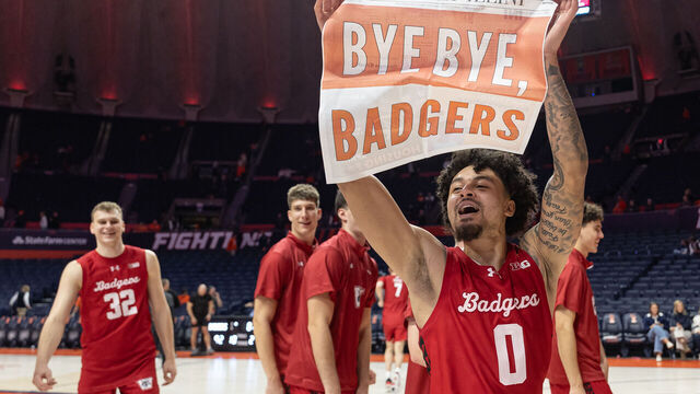 CHAMPAIGN, ILLINOIS - FEBRUARY 10: Braeden Carrington #0 of the Wisconsin Badgers celebrates following the game against the Illinois Fighting Illini at State Farm Center on February 10, 2026 in Champaign, Illinois.