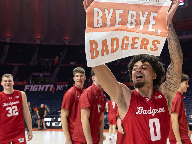 CHAMPAIGN, ILLINOIS - FEBRUARY 10: Braeden Carrington #0 of the Wisconsin Badgers celebrates following the game against the Illinois Fighting Illini at State Farm Center on February 10, 2026 in Champaign, Illinois.