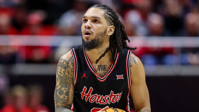 SALT LAKE CITY, UTAH - FEBRUARY 10: Emanuel Sharp #21 of the Houston Cougars look to shoot the ball during the second half of the game between Houston Cougars and Utah Utes at Jon M. Huntsman Center on February 10, 2026 in Salt Lake City, Utah.