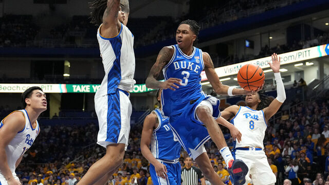 PITTSBURGH, PA - FEBRUARY 10: Isaiah Evans #3 of the Duke Blue Devils looks to pass against Cameron Corhen #2 of the Pittsburgh Panthers in the second half at the Petersen Events Center on February 10, 2026 in Pittsburgh, Pennsylvania.