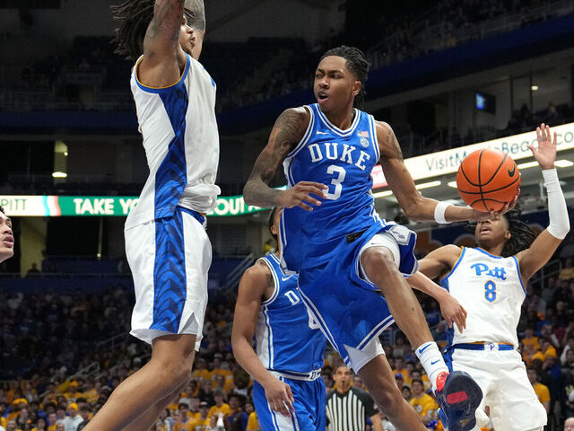 PITTSBURGH, PA - FEBRUARY 10: Isaiah Evans #3 of the Duke Blue Devils looks to pass against Cameron Corhen #2 of the Pittsburgh Panthers in the second half at the Petersen Events Center on February 10, 2026 in Pittsburgh, Pennsylvania.