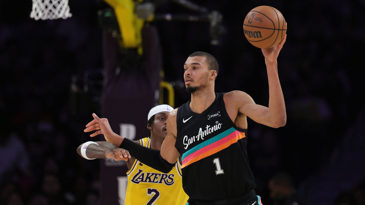 LOS ANGELES, CALIFORNIA - FEBRUARY 10: Victor Wembanyama #1 of the San Antonio Spurs controls the ball against the Los Angeles Lakers in the first half at Crypto.com Arena on February 10, 2026 in Los Angeles, California.