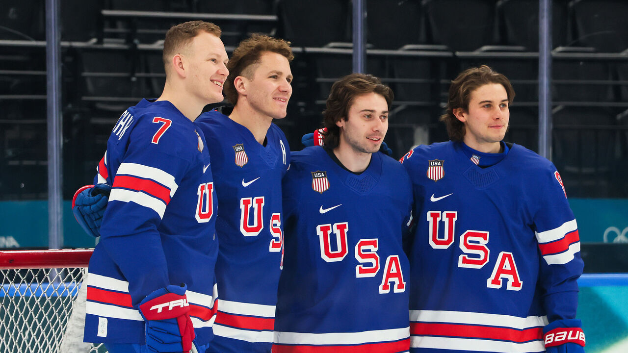 MILAN, ITALY - FEBRUARY 09: (L-R) Brady Tkachuk #7, Matthew Tkachuk #19, Quinn Hughes #43 and Jack Hughes #86 of Team United States pose for photographs during training on day three of the Milano Cortina 2026 Winter Olympic games at Milano Santagiulia Ice Hockey Arena on February 09, 2026 in Milan, Italy.
