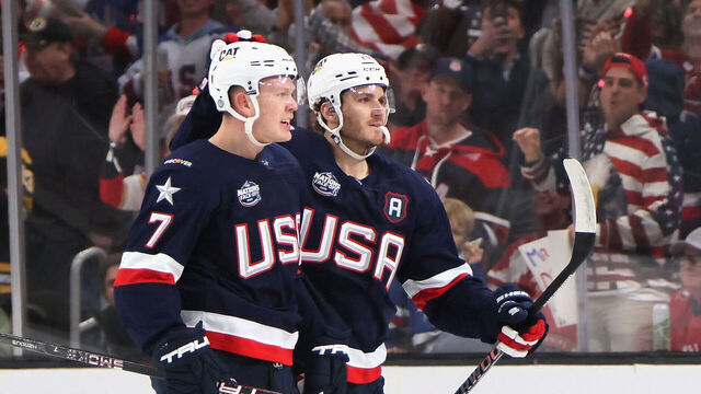 BOSTON, MASSACHUSETTS - FEBRUARY 20: Brady Tkachuk #7 of Team USA (l) celebrates his goal against Team Canada and is joined by his brother Matthew Tkachuk #19 (r) in the NHL 4 Nations Face-Off Championship Game at TD Garden on February 20, 2025 in Boston, Massachusetts.