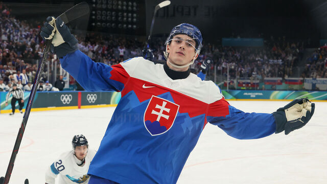 MILAN, ITALY - FEBRUARY 11: Dalibor Dvorsky #15 of Team Slovakia celebrates scoring a goal in the third period during the Men's Preliminary Group B match between Slovakia and Finland on day five of the Milano Cortina 2026 Winter Olympic games at Milano Santagiulia Ice Hockey Arena on February 11, 2026 in Milan, Italy.