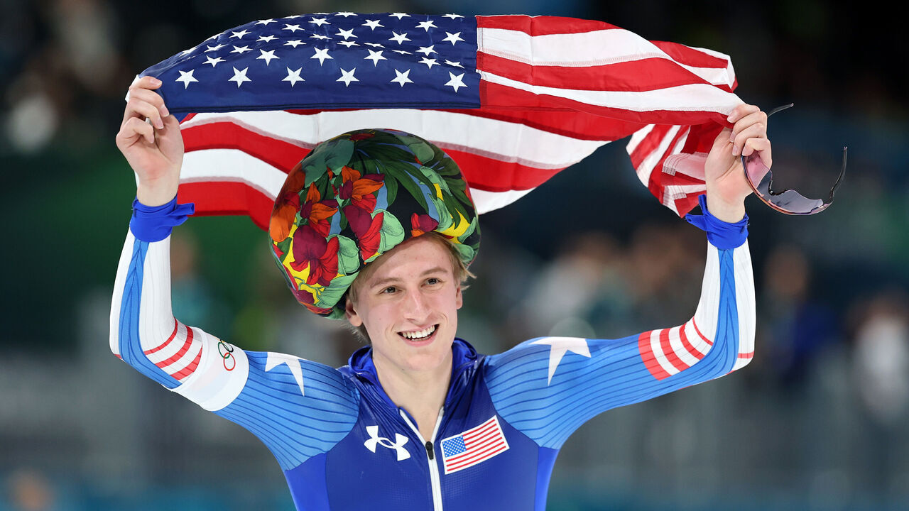 MILAN, ITALY - FEBRUARY 11: Gold medalist Jordan Stolz of Team United States celebrates after the Speed Skating Men's 1000m on day five of the Milano Cortina 2026 Winter Olympic games at Milano Speed Skating Stadium on February 11, 2026 in Milan, Italy.