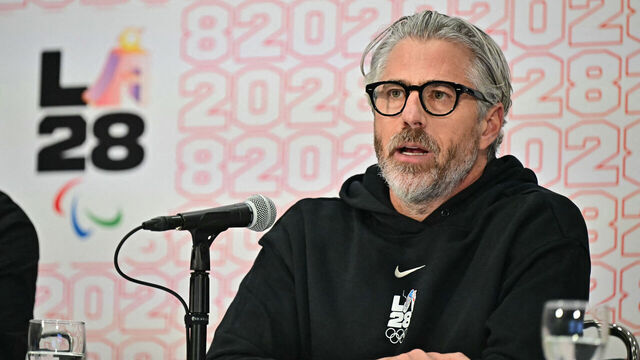 LA28 Chairperson and President Casey Wasserman speaks during a press conference with the International Olympic Committee (IOC) Coordination Commission for the Los Angeles 2028 Olympic and Paralympic Games, at the LA Convention Center in Los Angeles on June 5, 2025.