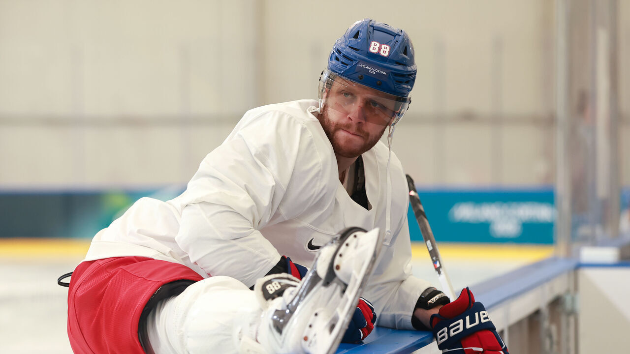 MILAN, ITALY - FEBRUARY 09: David Pastrnak #88 of Team Czechia warms up prior to training on day three of the Milano Cortina 2026 Winter Olympic games at Milano Santagiulia Ice Hockey Arena on February 09, 2026 in Milan, Italy.