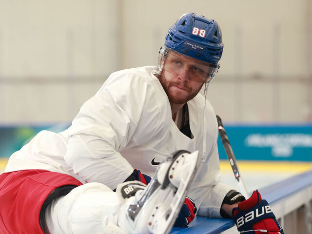 MILAN, ITALY - FEBRUARY 09: David Pastrnak #88 of Team Czechia warms up prior to training on day three of the Milano Cortina 2026 Winter Olympic games at Milano Santagiulia Ice Hockey Arena on February 09, 2026 in Milan, Italy.