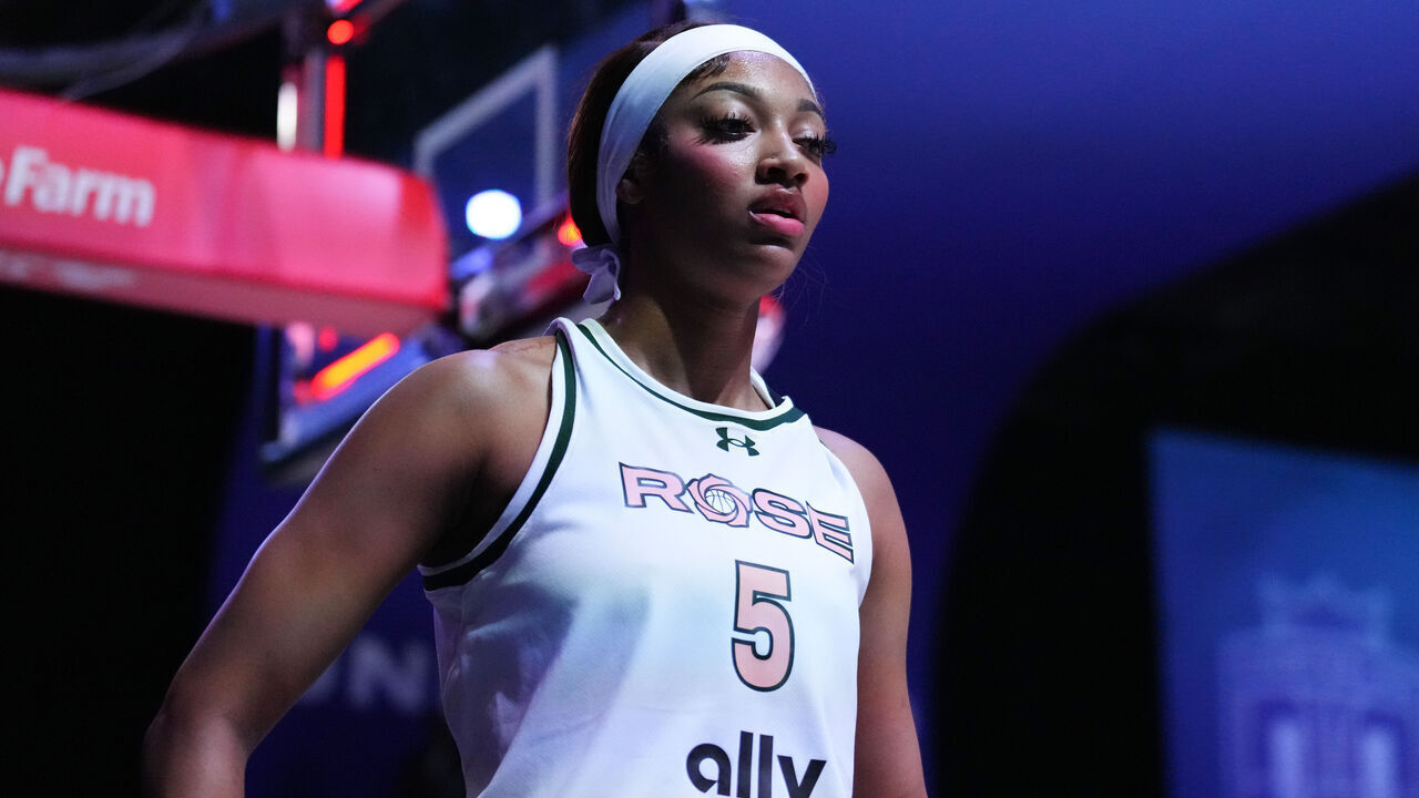 MEDLEY, FLORIDA - FEBRUARY 07: Angel Reese #5 of Rose looks on against the Mist during the second quarter at Wayfair Arena on February 07, 2025 in Medley, Florida.