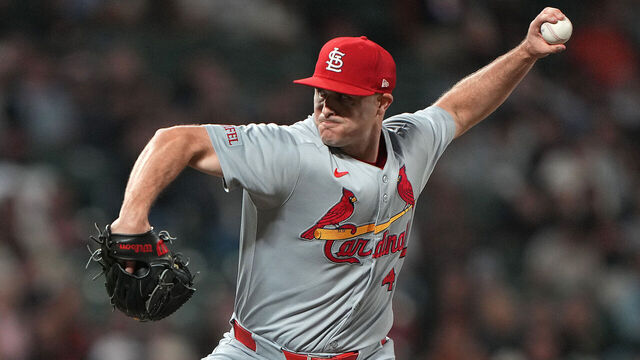 SAN FRANCISCO, CALIFORNIA - SEPTEMBER 22: John King #47 of the St. Louis Cardinals pitches against the San Francisco Giants in the bottom of the seventh inning at Oracle Park on September 22, 2025 in San Francisco, California.