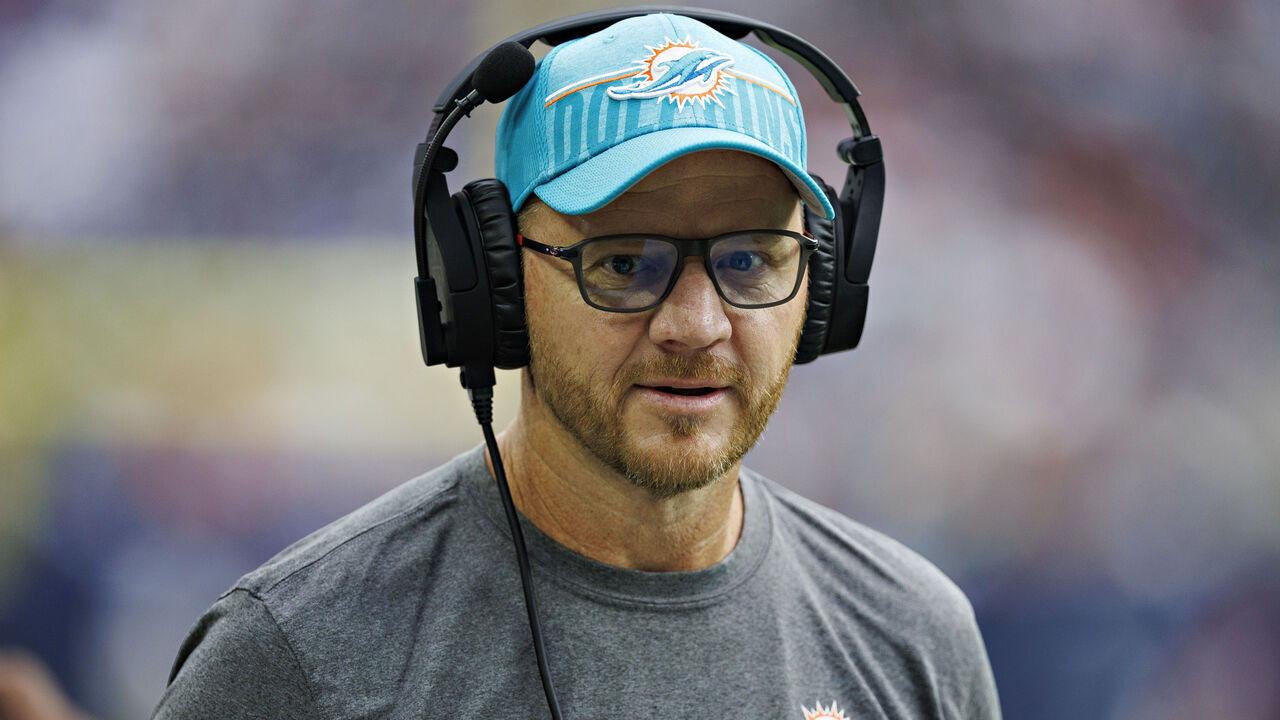 HOUSTON, TEXAS - AUGUST 19: Quarterback coach Darrell Bevell of the Miami Dolphins on the sidelines during the preseason game against the Houston Texans at NRG Stadium on August 19, 2023 in Houston, Texas. The Dolphins defeated the Texans 28-3.