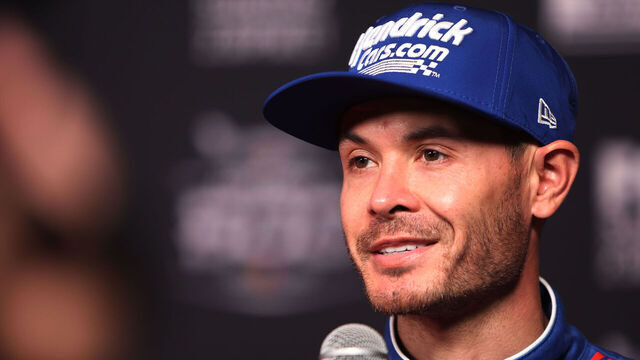 DAYTONA BEACH, FL - FEBRUARY 11: Kyle Larson (#5 Hendrick Motorsports HendrickCars.com Chevrolet) is being interviewed during Media Day for the NASCAR Cup Series Daytona 500 on February 11, 2026 at Daytona International Speedway in Daytona Beach, FL.
