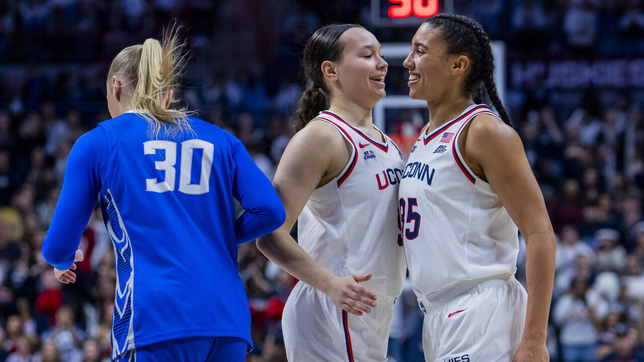 STORRS, CONNECTICUT - FEBRUARY 11: Kayleigh Heckel #9 and Azzi Fudd #35 of the Connecticut Huskies react during the second half of an NCAA women's basketball game against the Creighton Bluejays at Harry A. Gampel Pavilion on February 11, 2026 in Storrs, Connecticut.