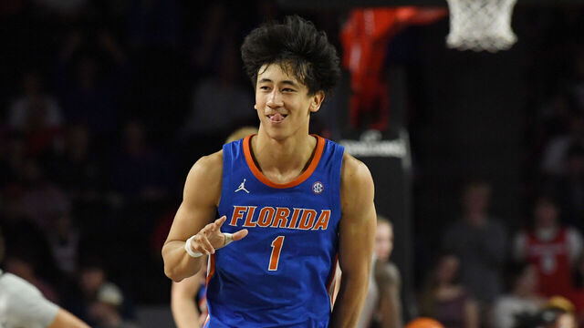 ATHENS, GA - FEBRUARY 11: Guard Xaivian Lee #1 of the Florida Gators reacts to scoring during the college basketball game between the Florida Gators and the Georgia Bulldogs on February 11, 2026, at Stegeman Coliseum in Athens, GA.