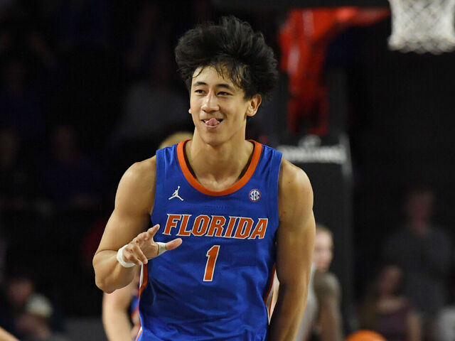 ATHENS, GA - FEBRUARY 11: Guard Xaivian Lee #1 of the Florida Gators reacts to scoring during the college basketball game between the Florida Gators and the Georgia Bulldogs on February 11, 2026, at Stegeman Coliseum in Athens, GA.
