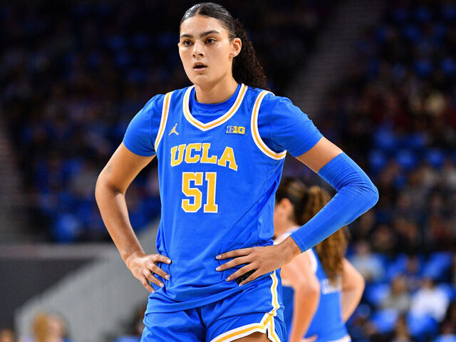 LOS ANGELES, CA - JANUARY 03: UCLA Bruins center Lauren Betts (51) looks on during a women's college basketball game between the USC Trojans and the UCLA Bruins on January 3, 2026, at Pauley Pavilion in Los Angeles, CA.