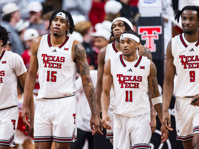 LUBBOCK, TEXAS - FEBRUARY 11: JT Toppin #15 of the Texas Tech Red Raiders and teammates walk across the court during the second half of the game against the Colorado Buffaloes at United Supermarkets Arena on February 11, 2026 in Lubbock, Texas.