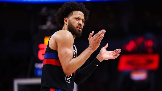 TORONTO, CANADA - FEBRUARY 11: Cade Cunningham #2 of the Detroit Pistons reacts against the Toronto Raptors during the second half of their NBA game at Scotiabank Arena on February 11, 2026 in Toronto, Ontario, Canada. (NOTE TO USER: User expressly acknowledges and agrees that, by downloading and/or using this Photograph, user is consenting to the terms and conditions of the Getty Images License Agreement