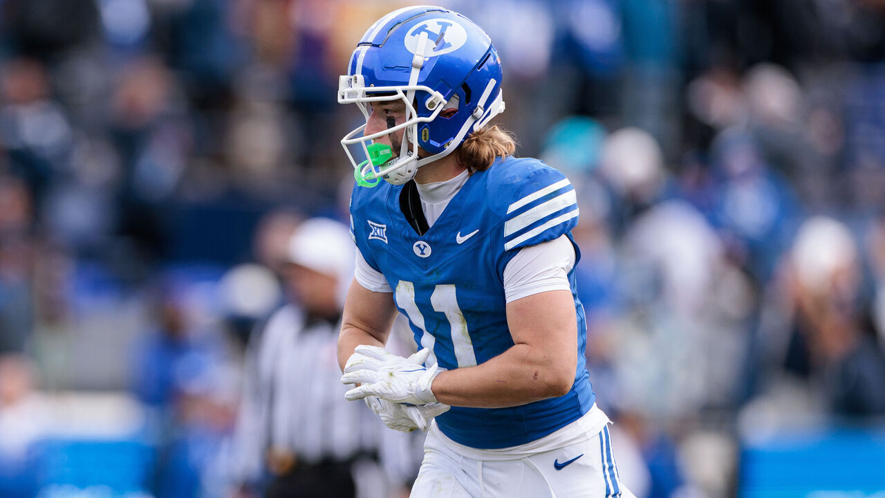PROVO, UTAH - NOVEMBER 29: Parker Kingston #11 of the BYU Cougars lines up before a play during the first half against the UCF Knights at LaVell Edwards Stadium on November 29, 2025 in Provo, Utah.