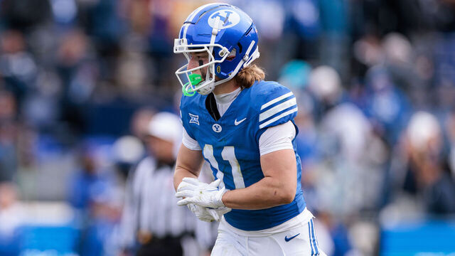 PROVO, UTAH - NOVEMBER 29: Parker Kingston #11 of the BYU Cougars lines up before a play during the first half against the UCF Knights at LaVell Edwards Stadium on November 29, 2025 in Provo, Utah.