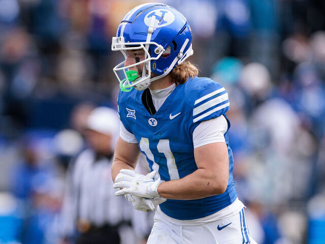 PROVO, UTAH - NOVEMBER 29: Parker Kingston #11 of the BYU Cougars lines up before a play during the first half against the UCF Knights at LaVell Edwards Stadium on November 29, 2025 in Provo, Utah.