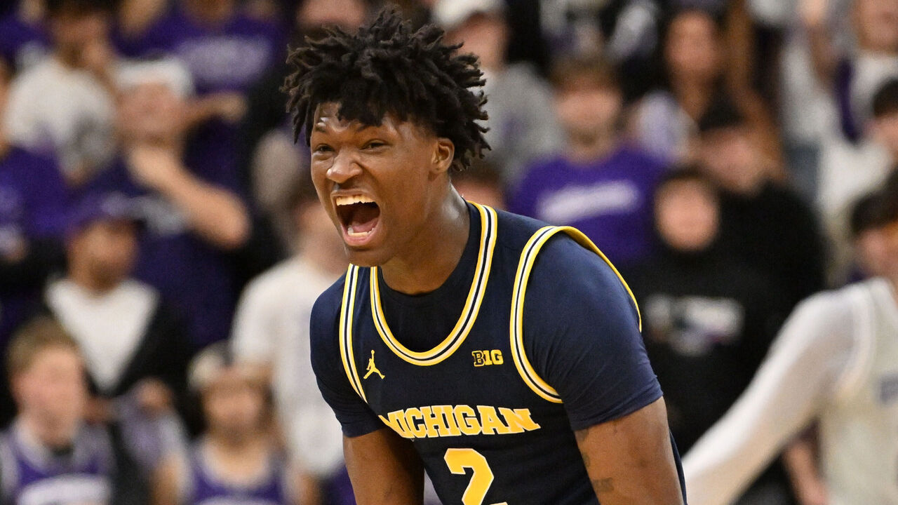 EVANSTON, IL - FEBRUARY 11: Michigan Wolverines guard L.J. Cason (2) celebrates during a college basketball game between the Michigan Wolverines and the Northwestern Wildcats on February 11, 2026, at Welsh-Ryan Arena in Evanston, IL.