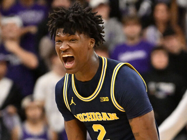 EVANSTON, IL - FEBRUARY 11: Michigan Wolverines guard L.J. Cason (2) celebrates during a college basketball game between the Michigan Wolverines and the Northwestern Wildcats on February 11, 2026, at Welsh-Ryan Arena in Evanston, IL.