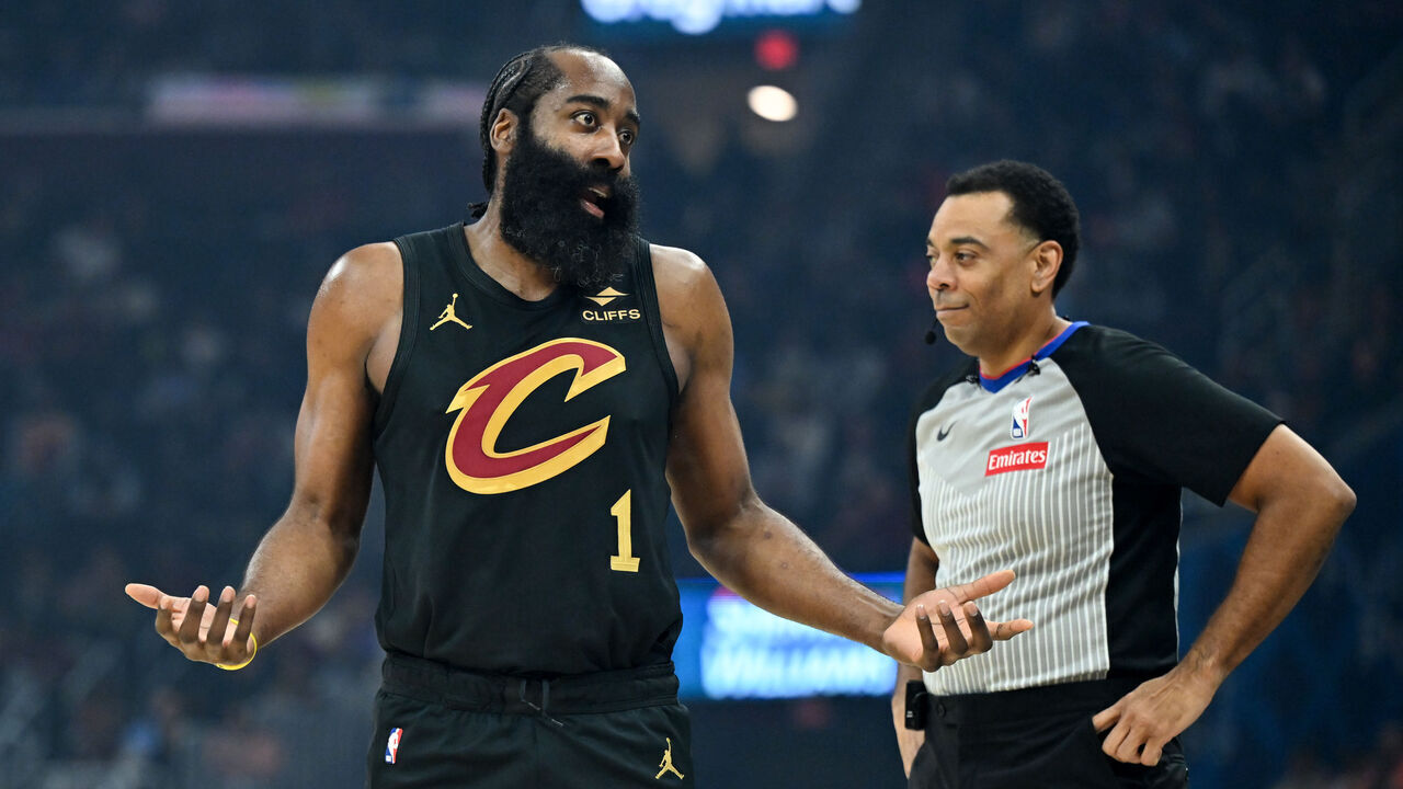 CLEVELAND, OHIO - FEBRUARY 11: James Harden #1 of the Cleveland Cavaliers reacts during the first half against the Washington Wizards at Rocket Arena on February 11, 2026 in Cleveland, Ohio.