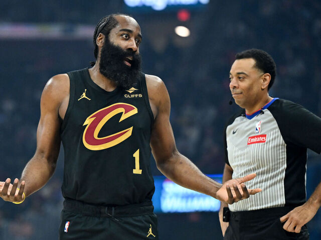 CLEVELAND, OHIO - FEBRUARY 11: James Harden #1 of the Cleveland Cavaliers reacts during the first half against the Washington Wizards at Rocket Arena on February 11, 2026 in Cleveland, Ohio.