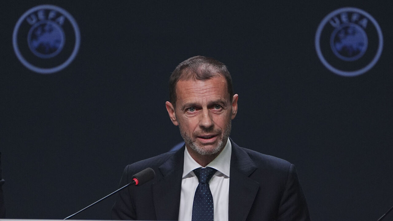 BRUSSELS, BELGIUM â" FEBRUARY 12: UEFA President Aleksander Ceferin holds a press conference during the 50th UEFA Ordinary Congress in Brussels, Belgium, on February 12, 2026.