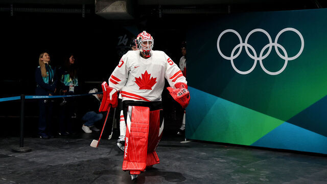MILAN, ITALY - FEBRUARY 12: Jordan Binnington #50 of Team Canada walks out to the ice before the Men's Preliminary Group A match between Czechia and Canada on day six of the Milano Cortina 2026 Winter Olympic games at Milano Santagiulia Ice Hockey Arena on February 12, 2026 in Milan, Italy.
