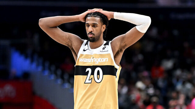 WASHINGTON, DC - FEBRUARY 08: Alex Sarr #20 of the Washington Wizards reacts to a call in the game against the Miami Heat at Capital One Arena on February 08, 2026 in Washington, DC.