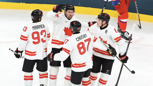 MILAN, ITALY - FEBRUARY 12: Mark Stone #61 of Team Canada celebrates his first goal with teammates during the Men's Ice Hockey - Group A match between Team Czech Republic and Team Canada on day six of the Milano Cortina 2026 Winter Olympic games at Milano Santagiulia Ice Hockey Arena on February 12, 2026 in Milan, Italy.