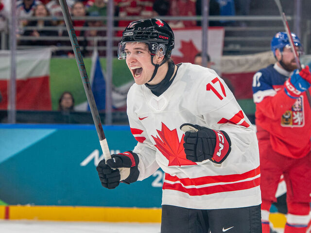 MILAN, ITALY - FEBRUARY 12: Macklin Celebrini #17 of Canada celebrates his goal during the Men's Preliminary Group A match between Czechia and Canada on day six of the Milano Cortina 2026 Winter Olympic games at Milano Santagiulia Ice Hockey Arena on February 12, 2026 in Milan, Italy.