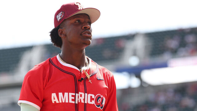 ATLANTA, GEORGIA - JULY 12: Sebastian Walcott #1 of the Texas Rangers looks on in the first inning during the 2025 All-Star Futures Game at Truist Park on July 12, 2025 in Atlanta, Georgia.