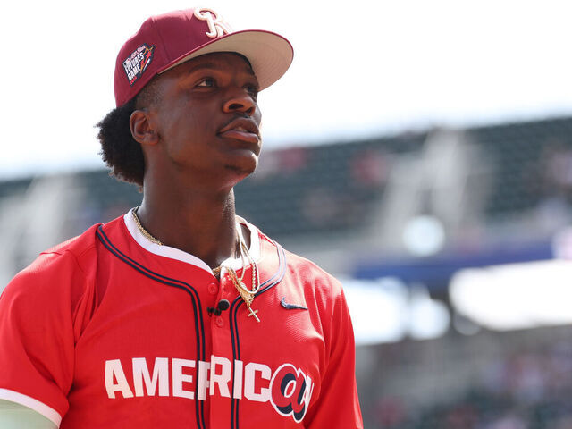 ATLANTA, GEORGIA - JULY 12: Sebastian Walcott #1 of the Texas Rangers looks on in the first inning during the 2025 All-Star Futures Game at Truist Park on July 12, 2025 in Atlanta, Georgia.