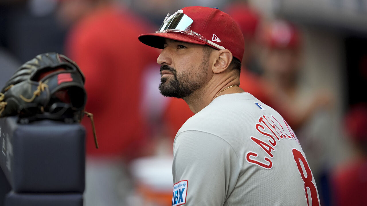 MILWAUKEE, WI - SEPTEMBER 01: Nick Castellanos #8 of the Philadelphia Phillies looks on from the dugout prior to the game between the Philadelphia Phillies and the Milwaukee Brewers at American Family Field on Monday, September 1, 2025 in Milwaukee, Wisconsin.