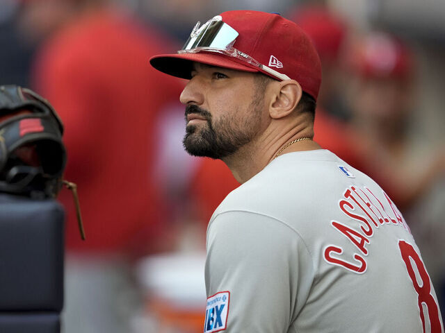 MILWAUKEE, WI - SEPTEMBER 01: Nick Castellanos #8 of the Philadelphia Phillies looks on from the dugout prior to the game between the Philadelphia Phillies and the Milwaukee Brewers at American Family Field on Monday, September 1, 2025 in Milwaukee, Wisconsin.
