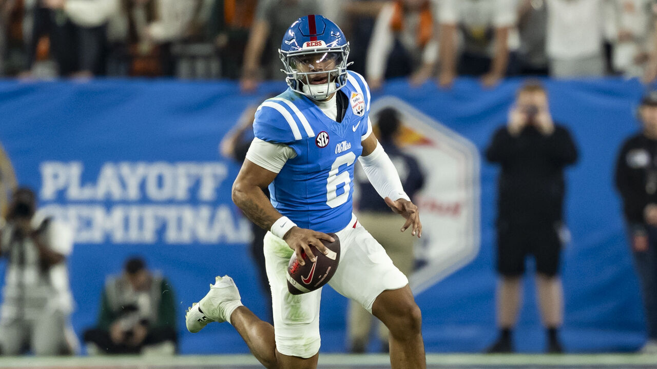 GLENDALE, ARIZONA - JANUARY 8: Trinidad Chambliss #6 of the Mississippi Rebels moves with the ball in the fourth quarter of the 2025 College Football Playoff Semifinal at State Farm Stadium on January 8, 2026 in Glendale, Arizona.