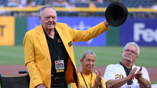 PITTSBURGH, PENNSYLVANIA - AUGUST 26: Elroy Face acknowledges the crowd after being inducted into the Pittsburgh Pirates Hall of Fame Class of 2023 before the game against the Chicago Cubs at PNC Park on August 26, 2023 in Pittsburgh, Pennsylvania.