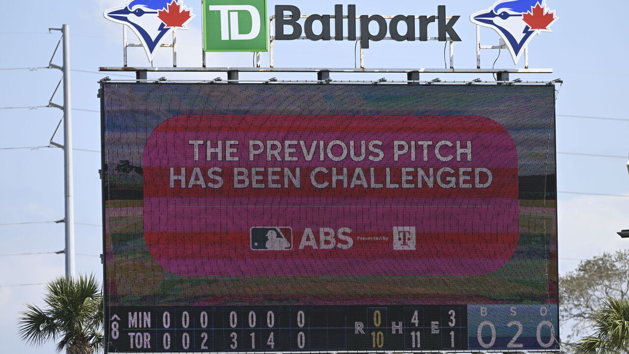 DUNEDIN, FLORIDA - MARCH 15, 2025: A view of the MLB ABS System review during the eighth inning of a spring training Spring Breakout game between the Minnesota Twins and the Toronto Blue Jays at TD Ballpark on March 15, 2025 in Dunedin, Florida.