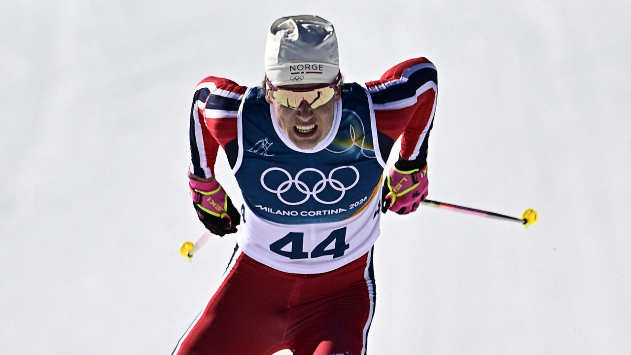 TOPSHOT - Norway's Johannes Hoesflot Klaebo sprints to the finish line during the men's 10km cross-country interval start free event of the Milano Cortina 2026 Winter Olympic Games at Tesero Cross-Country Skiing Stadium in Lago di Tesero (Val di Fiemme) on February 13, 2026.