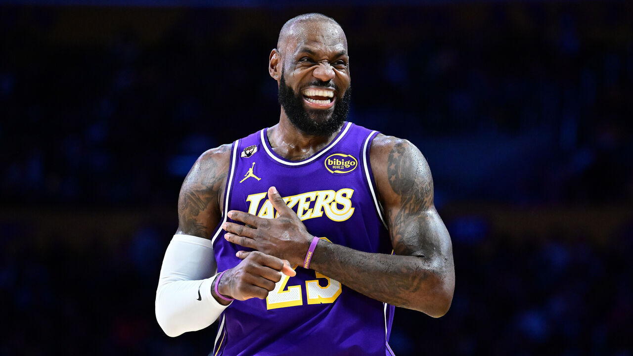 LOS ANGELES, CALIFORNIA - FEBRUARY 12: LeBron James #23 of the Los Angeles Lakers smiles towards the Dallas Mavericks bench in the second half at Crypto.com Arena on February 12, 2026 in Los Angeles, California.